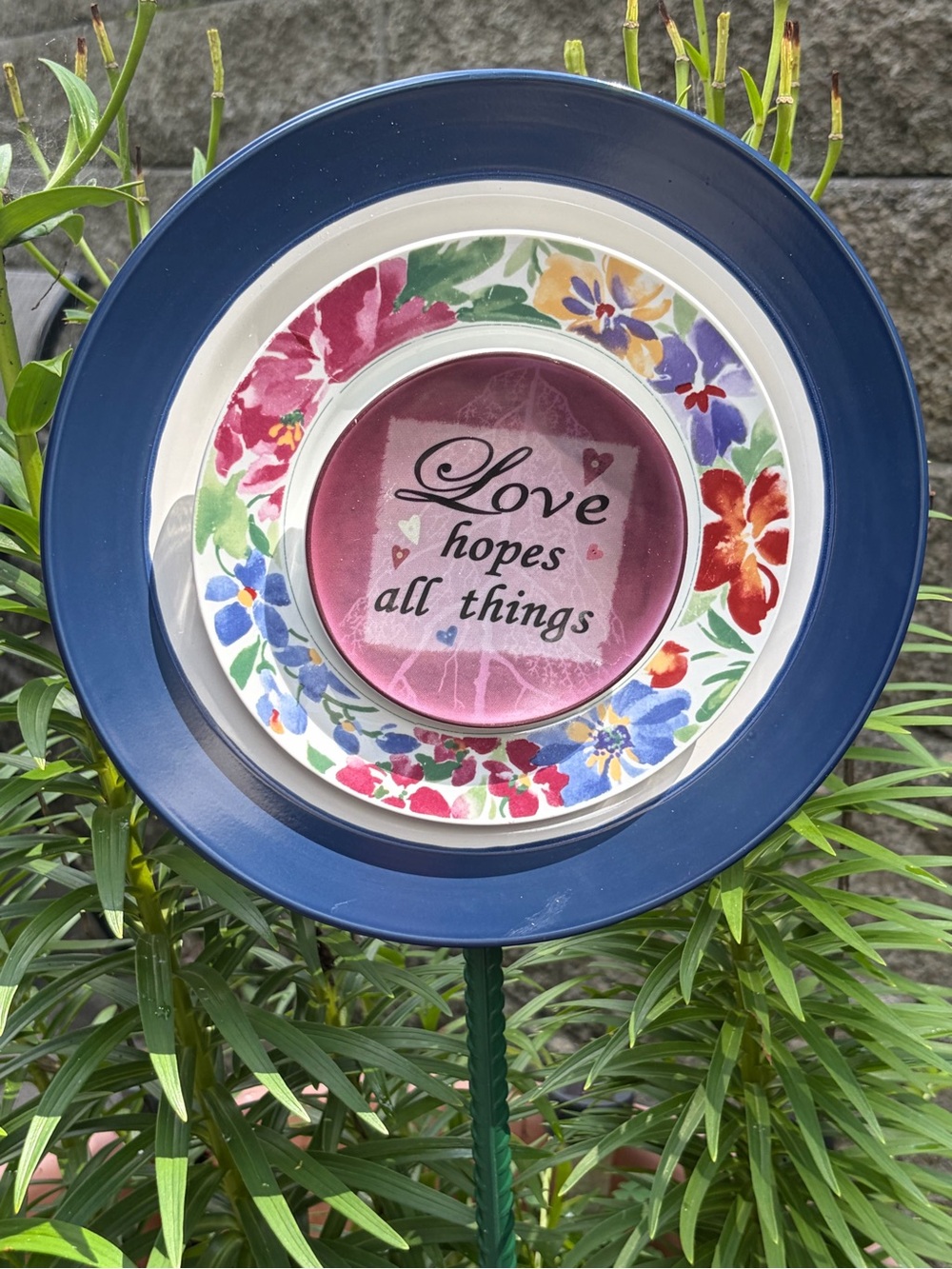 Blue Floral Harden Glass Art Plate with SamSeo Design - "Love hopes all things"